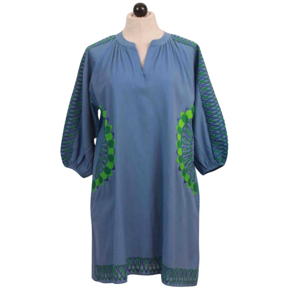 NEW VALERIE KHALFON women's hailey embroidered dress in blue/green
